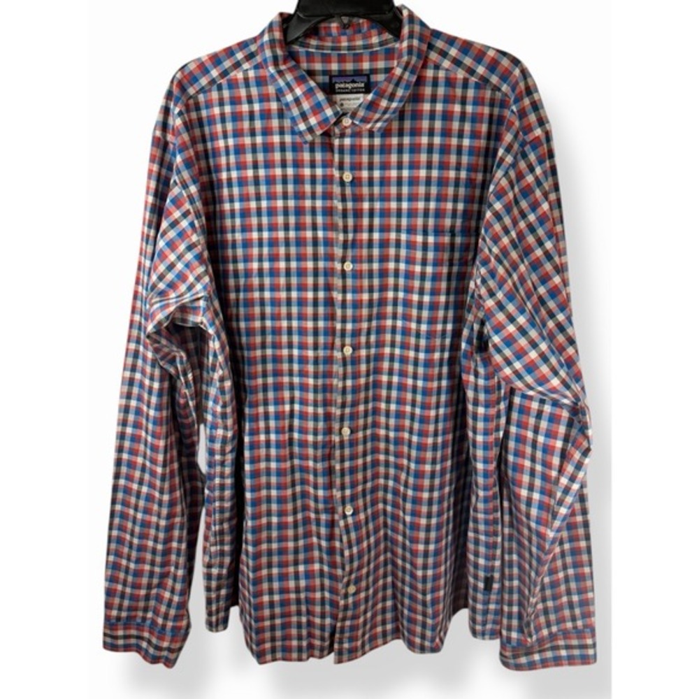 Patagonia Shirt Mens XL Red White Blue Plaid Organic Cotton Flannel Button Front